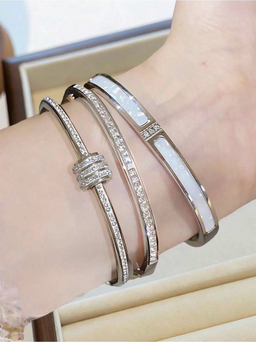 Set of 3 silver Crystal Inlay Bangle Bracelet Set Titanium Steel